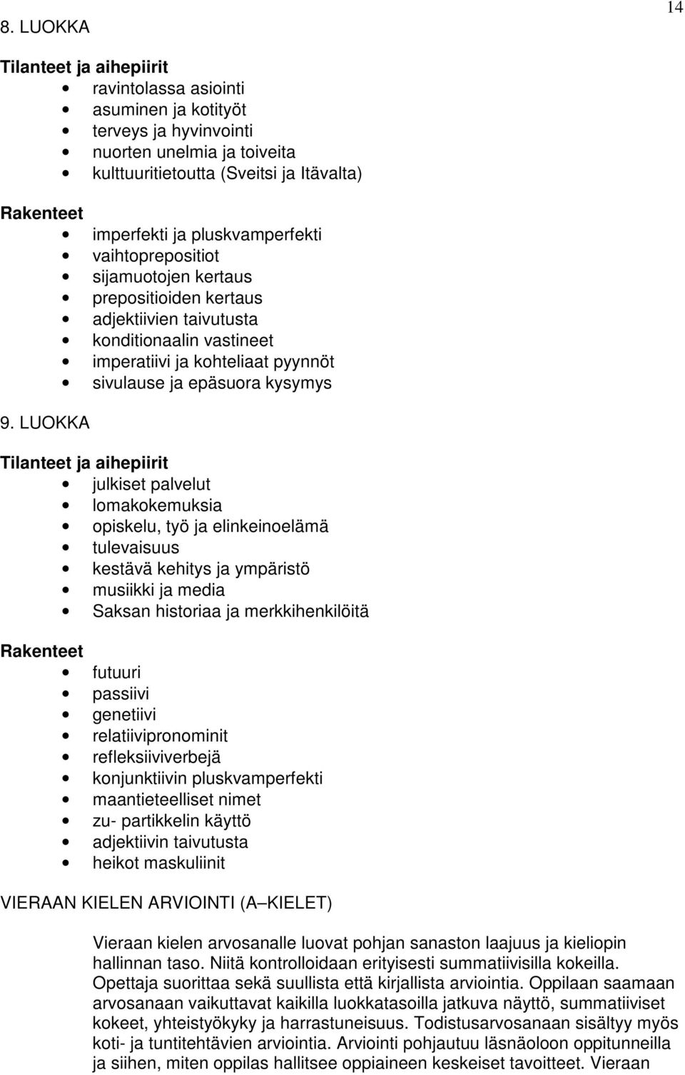 LUOKKA Tilanteet ja aihepiirit julkiset palvelut lomakokemuksia opiskelu, työ ja elinkeinoelämä tulevaisuus kestävä kehitys ja ympäristö musiikki ja media Saksan historiaa ja merkkihenkilöitä