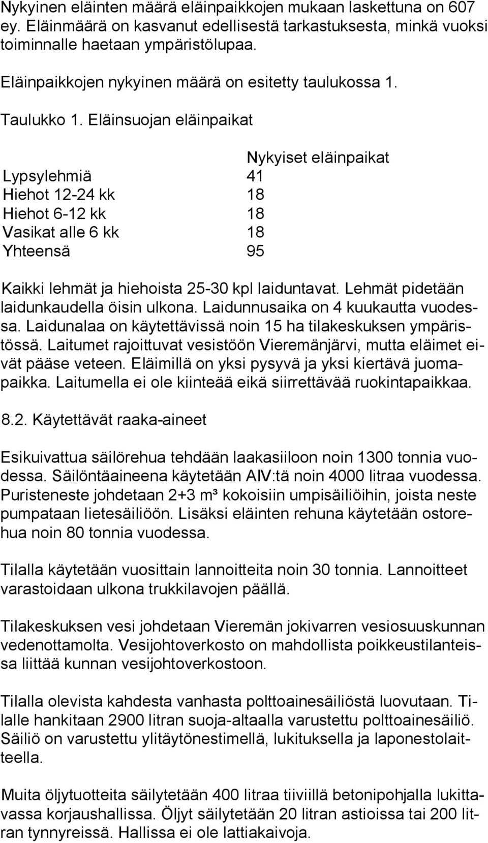 Eläinsuojan eläinpaikat Nykyiset eläinpaikat Lypsylehmiä 41 Hiehot 12-24 kk 18 Hiehot 6-12 kk 18 Vasikat alle 6 kk 18 Yhteensä 95 Kaikki lehmät ja hiehoista 25-30 kpl laiduntavat.