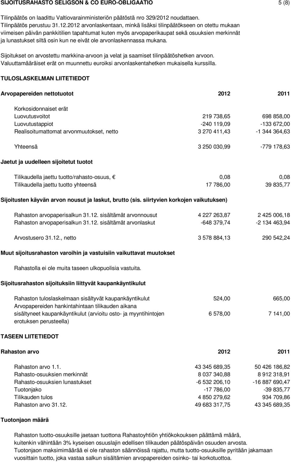 2012 arvonlaskentaan, minkä lisäksi tilinpäätökseen on otettu mukaan viimeisen päivän pankkitilien tapahtumat kuten myös arvopaperikaupat sekä osuuksien merkinnät ja lunastukset siltä osin kun ne