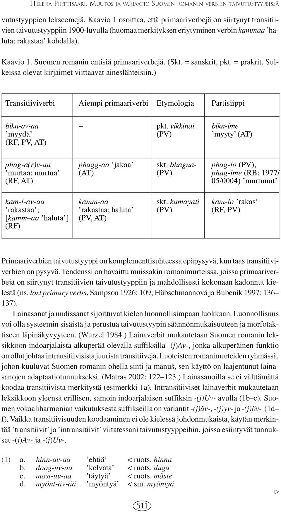 Suomen romanin entisiä primaariverbejä. (Skt. = sanskrit, pkt. = prakrit. Sulkeissa olevat kirjaimet viittaavat aineslähteisiin.