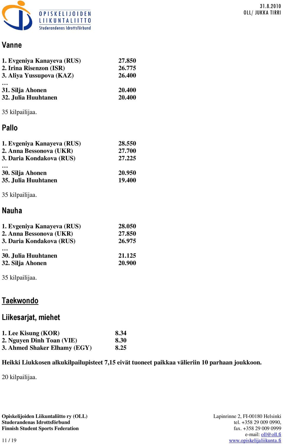 Evgeniya Kanayeva (RUS) 28.050 2. Anna Bessonova (UKR) 27.850 3. Daria Kondakova (RUS) 26.975 30. Julia Huuhtanen 21.125 32. Silja Ahonen 20.900 35 kilpailijaa. Taekwondo Liikesarjat, miehet 1.