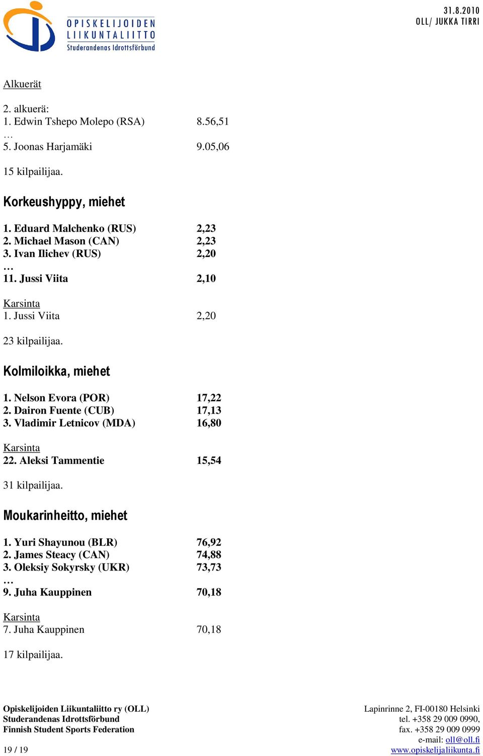 Nelson Evora (POR) 17,22 2. Dairon Fuente (CUB) 17,13 3. Vladimir Letnicov (MDA) 16,80 22. Aleksi Tammentie 15,54 31 kilpailijaa. Moukarinheitto, miehet 1.