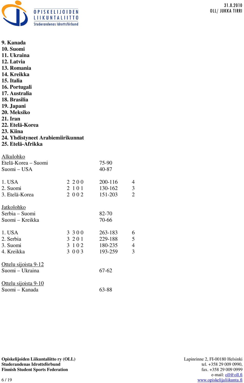 Suomi 2 1 0 1 130-162 3 3. Etelä-Korea 2 0 0 2 151-203 2 Jatkolohko Serbia Suomi 82-70 Suomi Kreikka 70-66 1. USA 3 3 0 0 263-183 6 2.