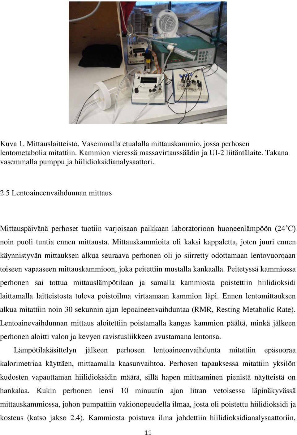 5 Lentoaineenvaihdunnan mittaus Mittauspäivänä perhoset tuotiin varjoisaan paikkaan laboratorioon huoneenlämpöön (24 C) noin puoli tuntia ennen mittausta.