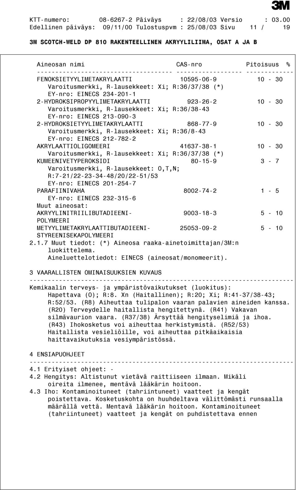 213-090-3 2-HYDROKSIETYYLIMETAKRYLAATTI 868-77-9 10-30 Varoitusmerkki, R-lausekkeet: Xi; R:36/8-43 EY-nro: EINECS 212-782-2 AKRYLAATTIOLIGOMEERI 41637-38-1 10-30 Varoitusmerkki, R-lausekkeet: Xi;