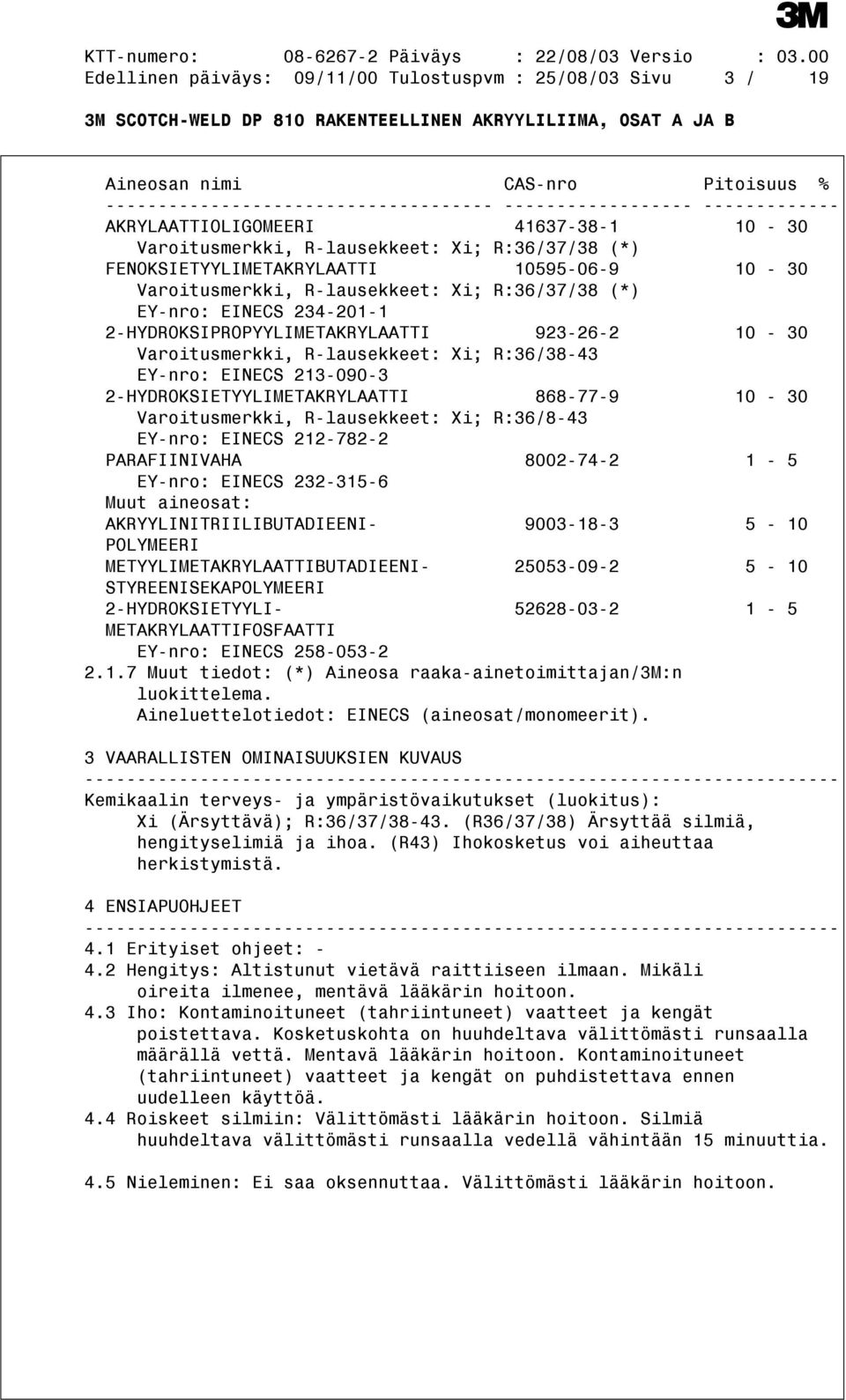 2-HYDROKSIPROPYYLIMETAKRYLAATTI 923-26-2 10-30 Varoitusmerkki, R-lausekkeet: Xi; R:36/38-43 EY-nro: EINECS 213-090-3 2-HYDROKSIETYYLIMETAKRYLAATTI 868-77-9 10-30 Varoitusmerkki, R-lausekkeet: Xi;