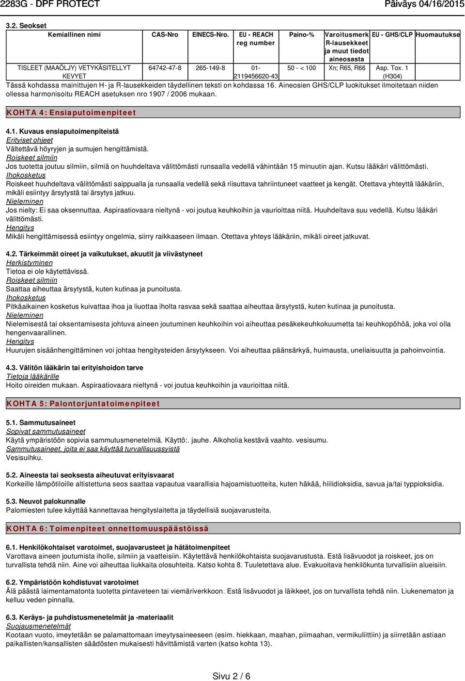 Xn; R65, R66 Asp. Tox. 1 (H304) Tässä kohdassa mainittujen H- ja R-lausekkeiden täydellinen teksti on kohdassa 16.