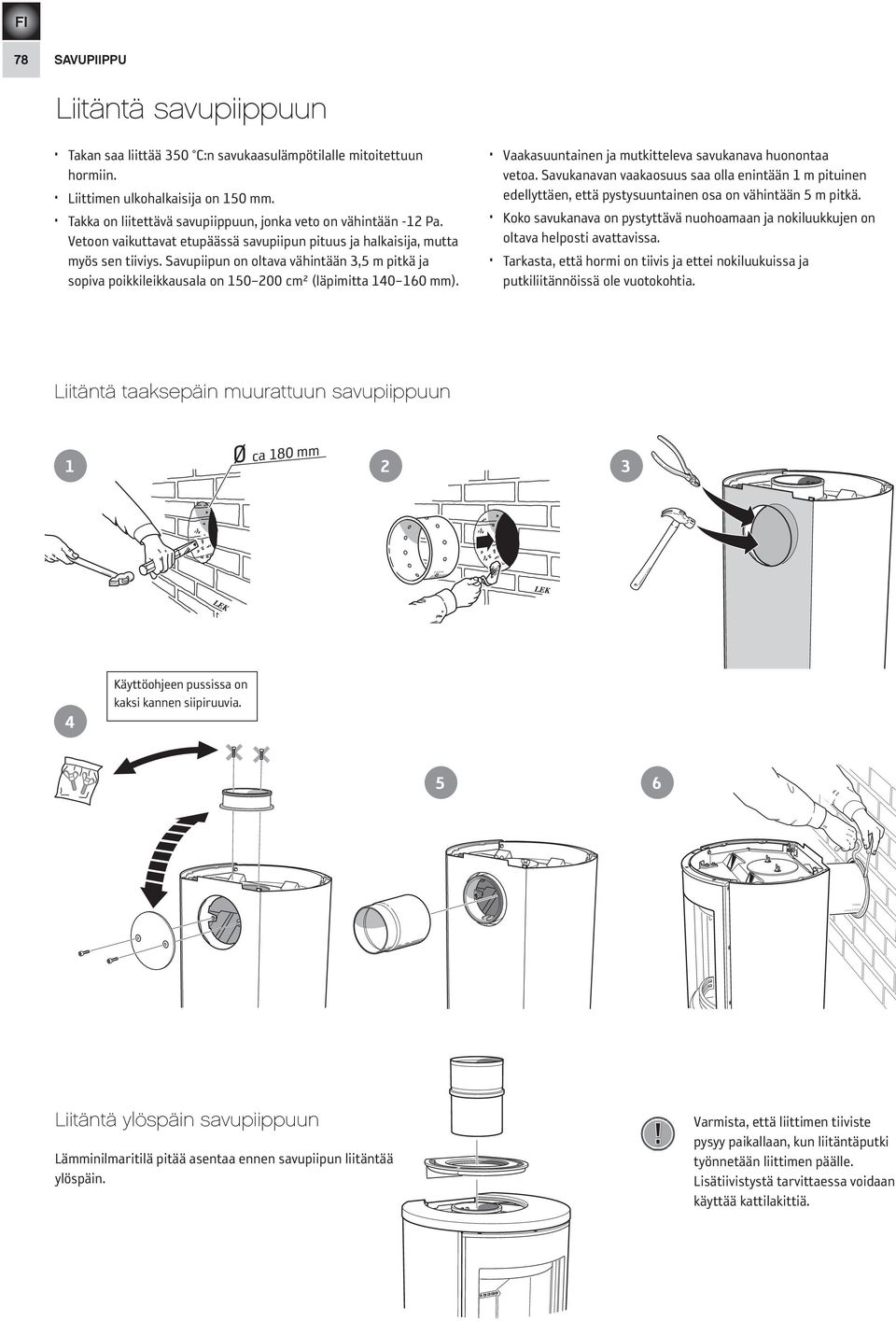 Savupiipun on oltava vähintään 3,5 m pitkä ja sopiva poikkileikkausala on 150 200 cm² (läpimitta 140 160 mm). Vaakasuuntainen ja mutkitteleva savukanava huonontaa vetoa.