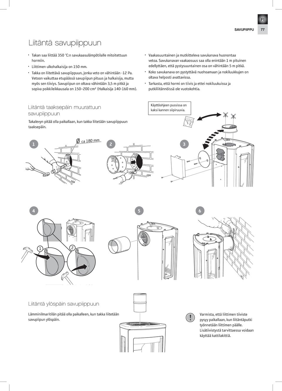 Savupiipun on oltava vähintään 3,5 m pitkä ja sopiva poikkileikkausala on 150 200 cm² (Halkaisija 140-160 mm). Vaakasuuntainen ja mutkitteleva savukanava huonontaa vetoa.