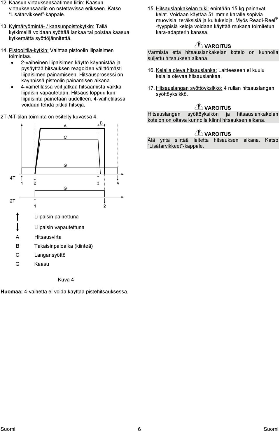 2-vaiheinen liipaisimen käyttö käynnistää ja pysäyttää hitsauksen reagoiden välittömästi liipaisimen painamiseen. Hitsausprosessi on käynnissä pistoolin painamisen aikana.