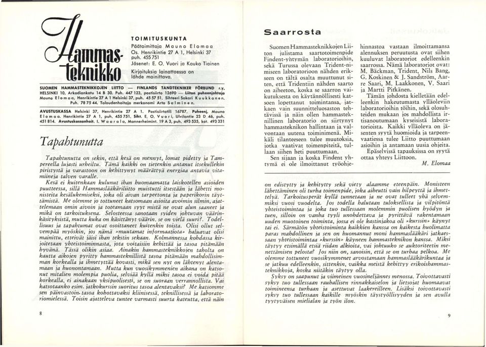 447 123, postisiirto 12690 Liiton puheenjohtaja Mauno Elomaa, Henrikintie 27 A 1 Helsinki 37, puh. 45 57 51. Sihteeri Sakari Kuukkonen. Puh. 78 75 44. Taloudenhoitoja merkonomi Arto Salminen.