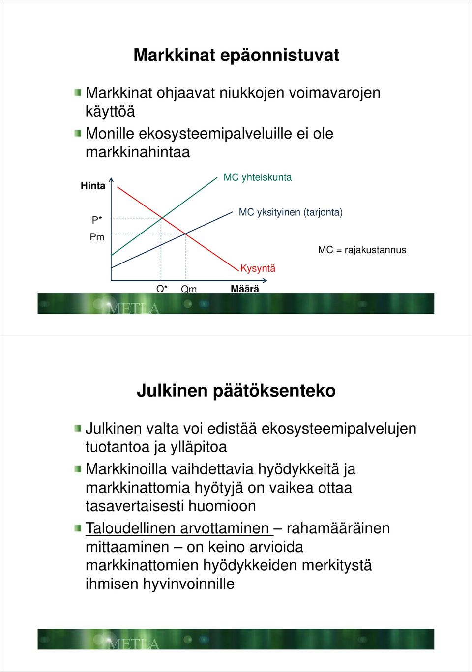 ekosysteemipalvelujen tuotantoa ja ylläpitoa Markkinoilla vaihdettavia hyödykkeitä ja markkinattomia hyötyjä on vaikea ottaa