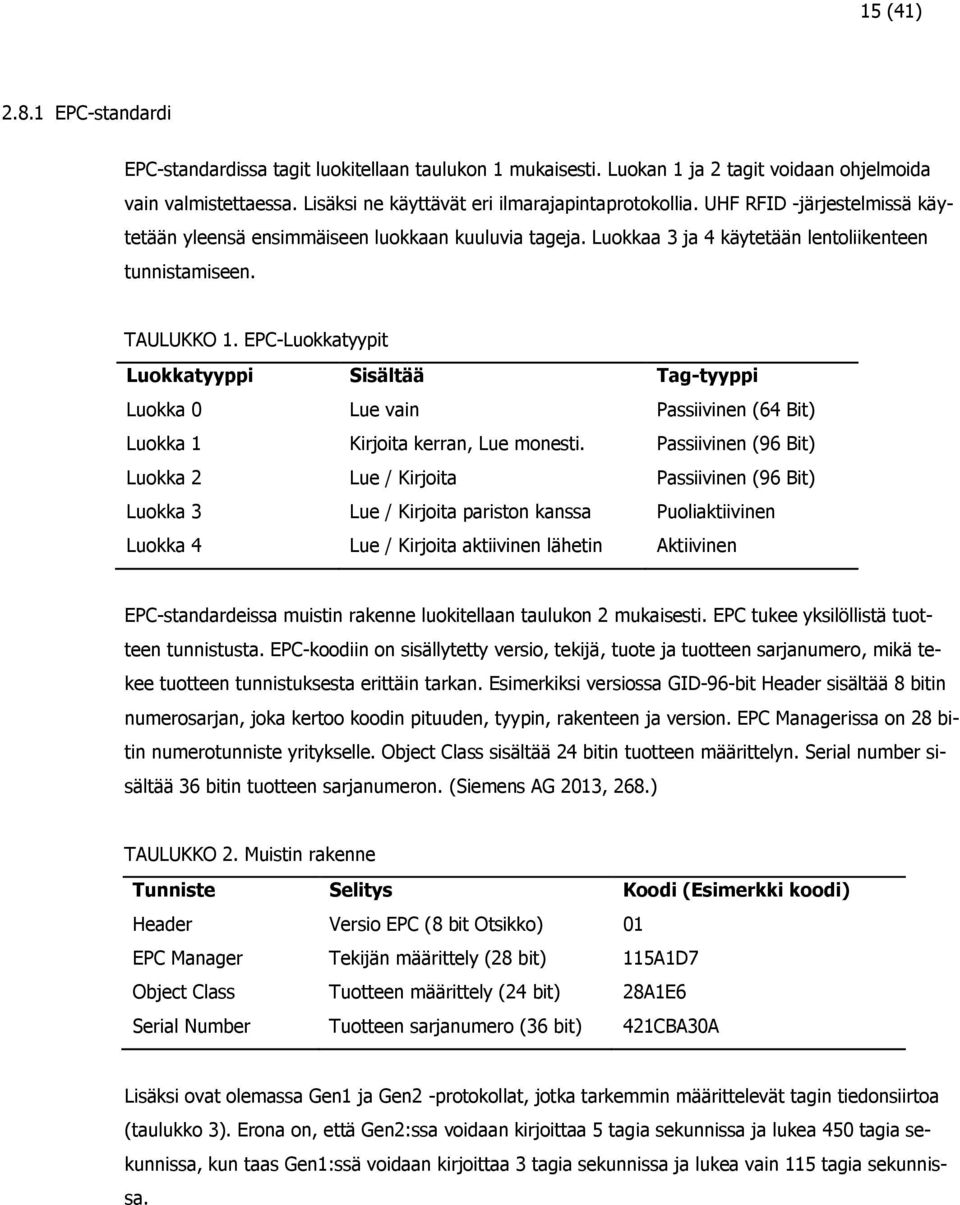 EPC-Luokkatyypit Luokkatyyppi Sisältää Tag-tyyppi Luokka 0 Lue vain Passiivinen (64 Bit) Luokka 1 Kirjoita kerran, Lue monesti.