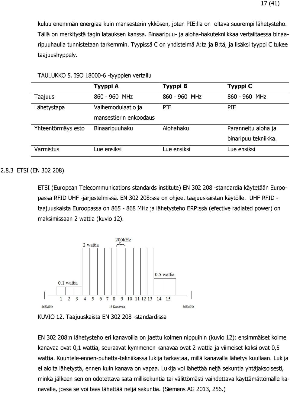 ISO 18000-6 -tyyppien vertailu Tyyppi A Tyyppi B Tyyppi C Taajuus 860-960 MHz 860-960 MHz 860-960 MHz Lähetystapa Vaihemodulaatio ja PIE PIE mansestierin enkoodaus Yhteentörmäys esto Binaaripuuhaku