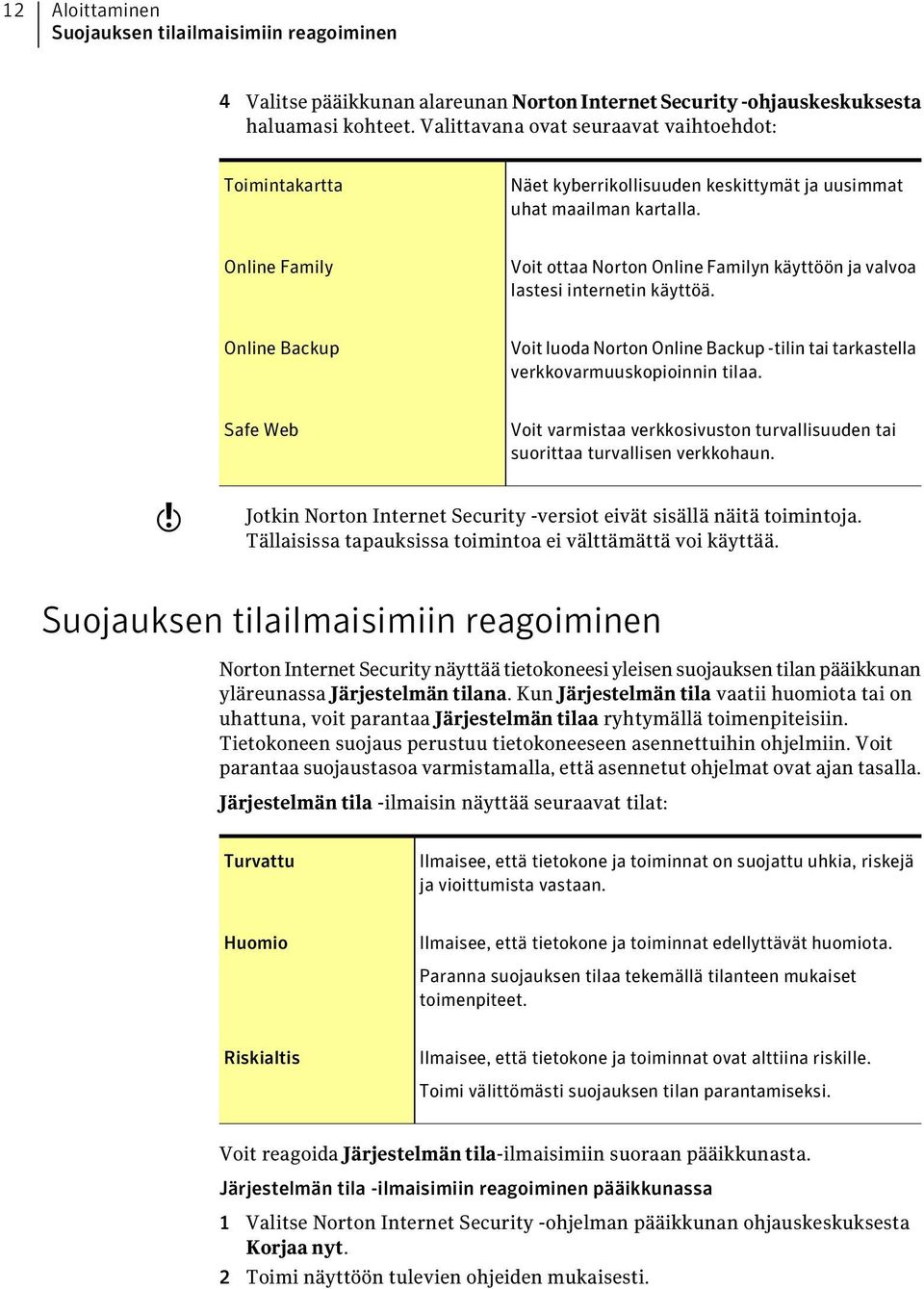 Online Family Voit ottaa Norton Online Familyn käyttöön ja valvoa lastesi internetin käyttöä. Online Backup Voit luoda Norton Online Backup -tilin tai tarkastella verkkovarmuuskopioinnin tilaa.