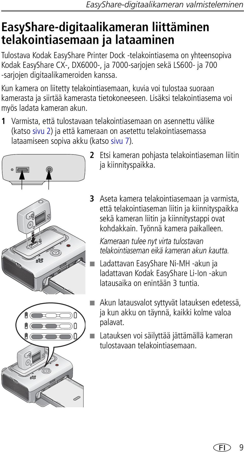 Kun kamera on liitetty telakointiasemaan, kuvia voi tulostaa suoraan kamerasta ja siirtää kamerasta tietokoneeseen. Lisäksi telakointiasema voi myös ladata kameran akun.