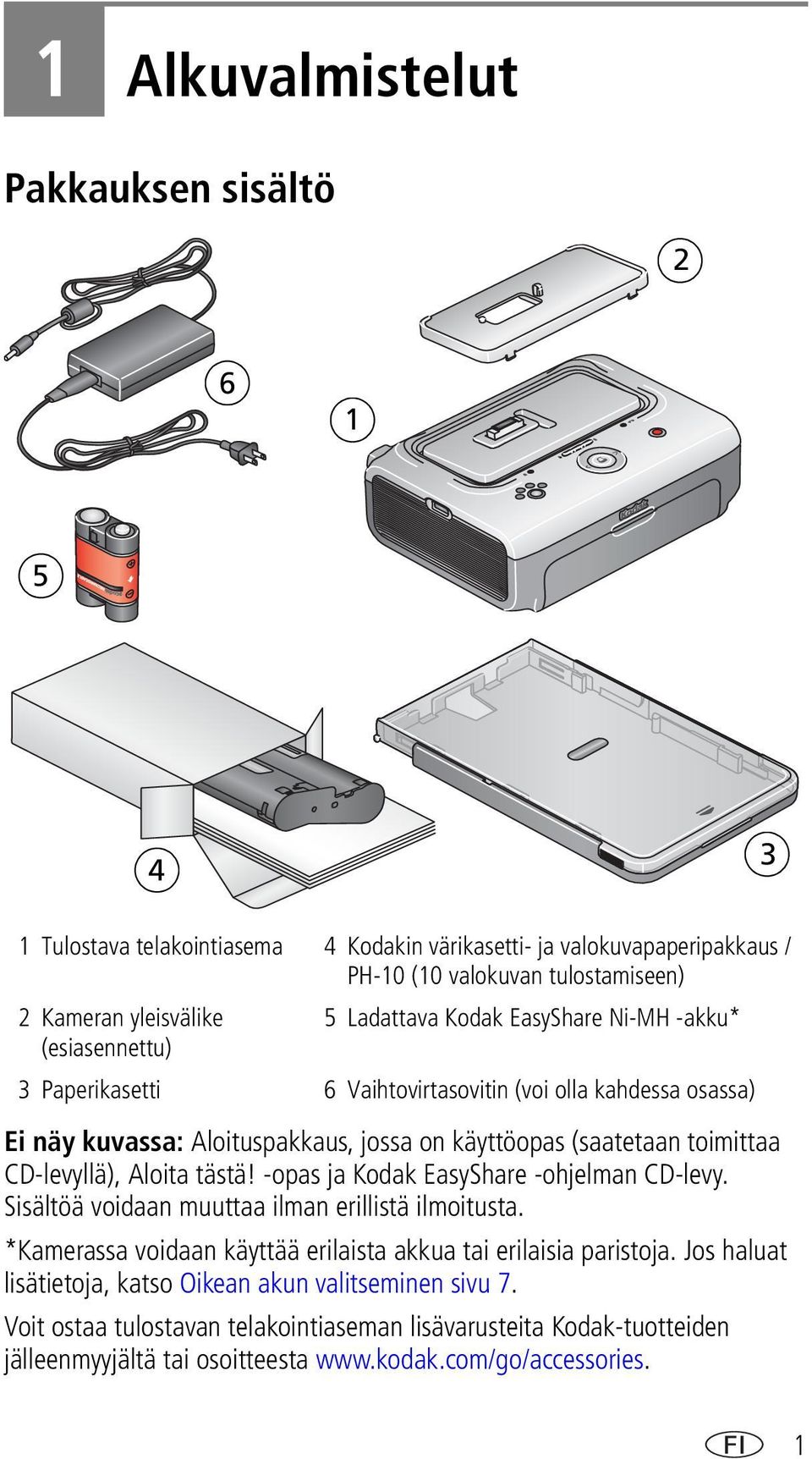 CD-levyllä), Aloita tästä! -opas ja Kodak EasyShare -ohjelman CD-levy. Sisältöä voidaan muuttaa ilman erillistä ilmoitusta. *Kamerassa voidaan käyttää erilaista akkua tai erilaisia paristoja.