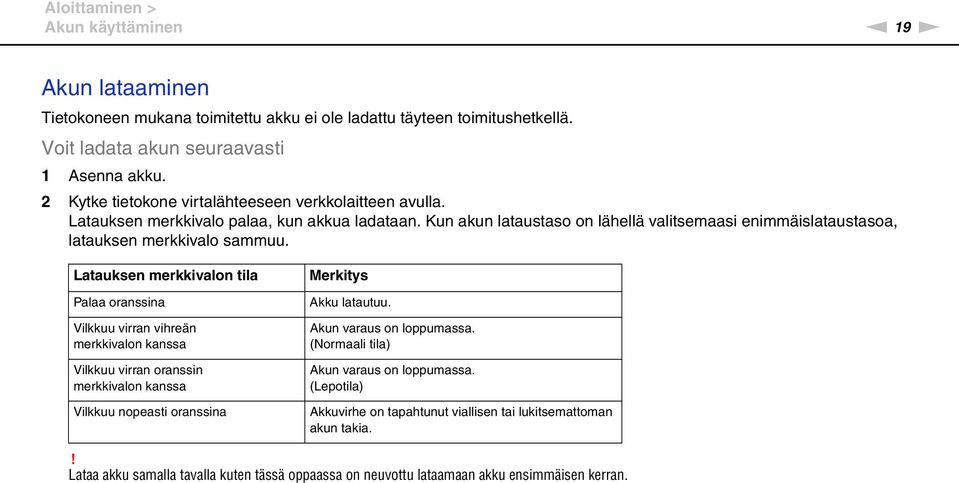 Latauksen merkkivalon tila Palaa oranssina Vilkkuu virran vihreän merkkivalon kanssa Vilkkuu virran oranssin merkkivalon kanssa Vilkkuu nopeasti oranssina Merkitys Akku latautuu.