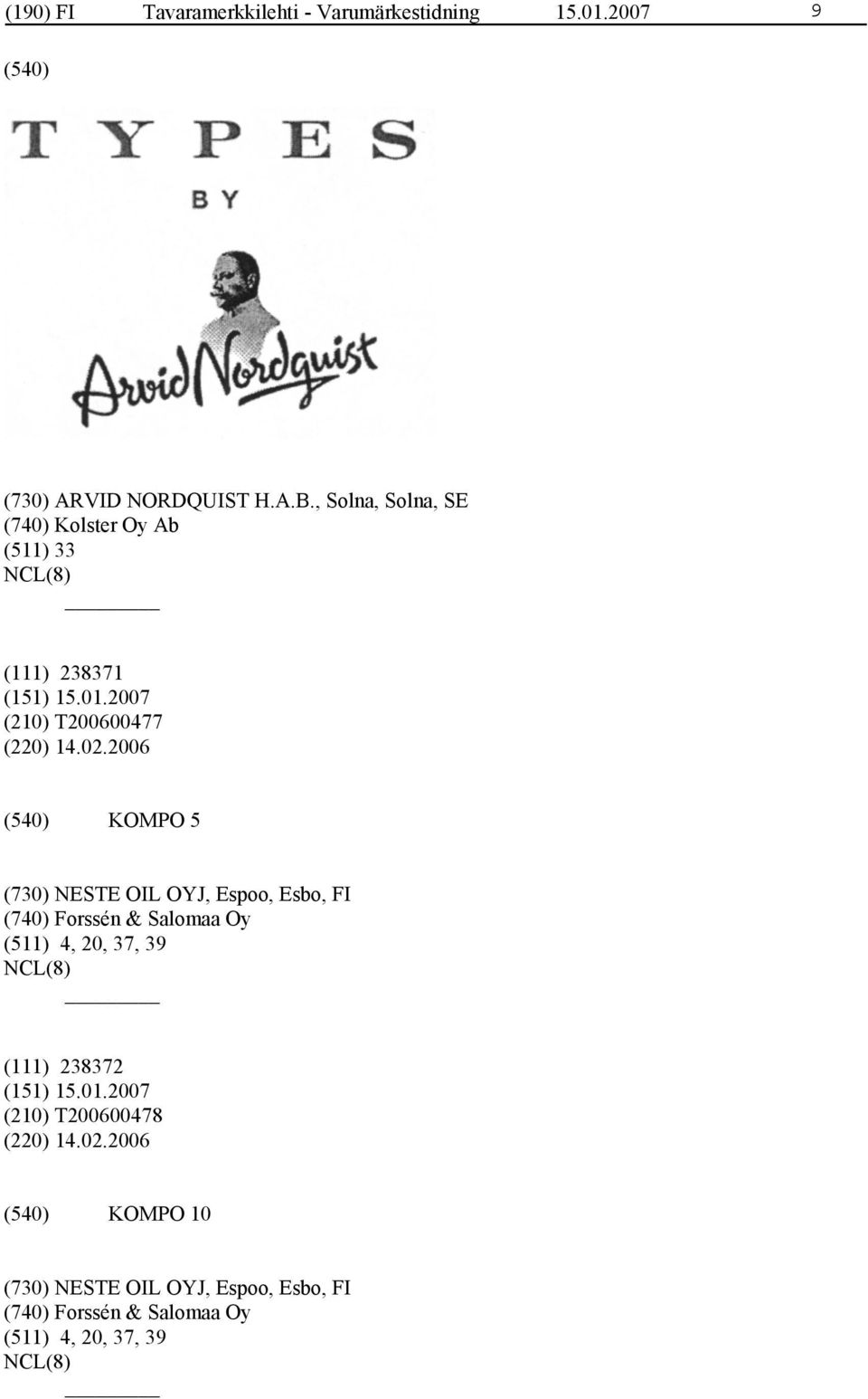 2006 KOMPO 5 (730) NESTE OIL OYJ, Espoo, Esbo, FI (740) Forssén & Salomaa Oy (511) 4, 20, 37, 39 (111)