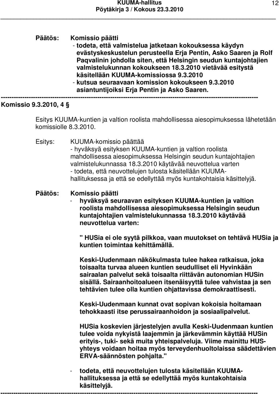 Komissio 9.3.2010, 4 Esitys KUUMA-kuntien ja valtion roolista mahdollisessa aiesopimuksessa lähetetään komissiolle 8.3.2010. KUUMA-komissio päättää - hyväksyä esityksen KUUMA-kuntien ja valtion roolista mahdollisessa aiesopimuksessa Helsingin seudun kuntajohtajien valmistelukunnassa 18.