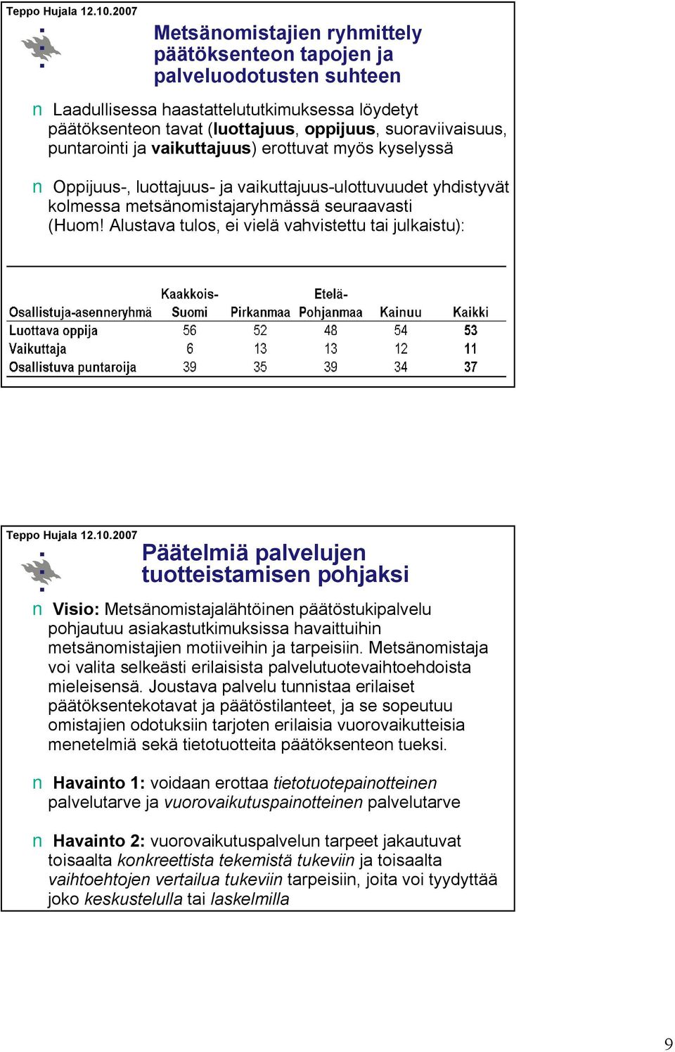 Alustava tulos, ei vielä vahvistettu tai julkaistu): Päätelmiä palvelujen tuotteistamisen pohjaksi Visio: Metsänomistajalähtöinen päätöstukipalvelu pohjautuu asiakastutkimuksissa havaittuihin