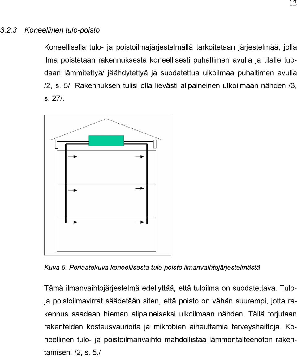 Periaatekuva koneellisesta tulo-poisto ilmanvaihtojärjestelmästä Tämä ilmanvaihtojärjestelmä edellyttää, että tuloilma on suodatettava.