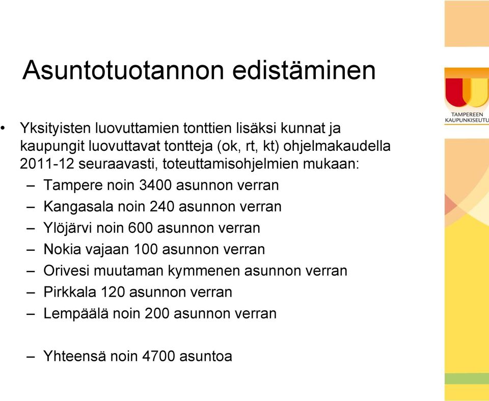 Kangasala noin 240 asunnon verran Ylöjärvi noin 600 asunnon verran Nokia vajaan 100 asunnon verran Orivesi