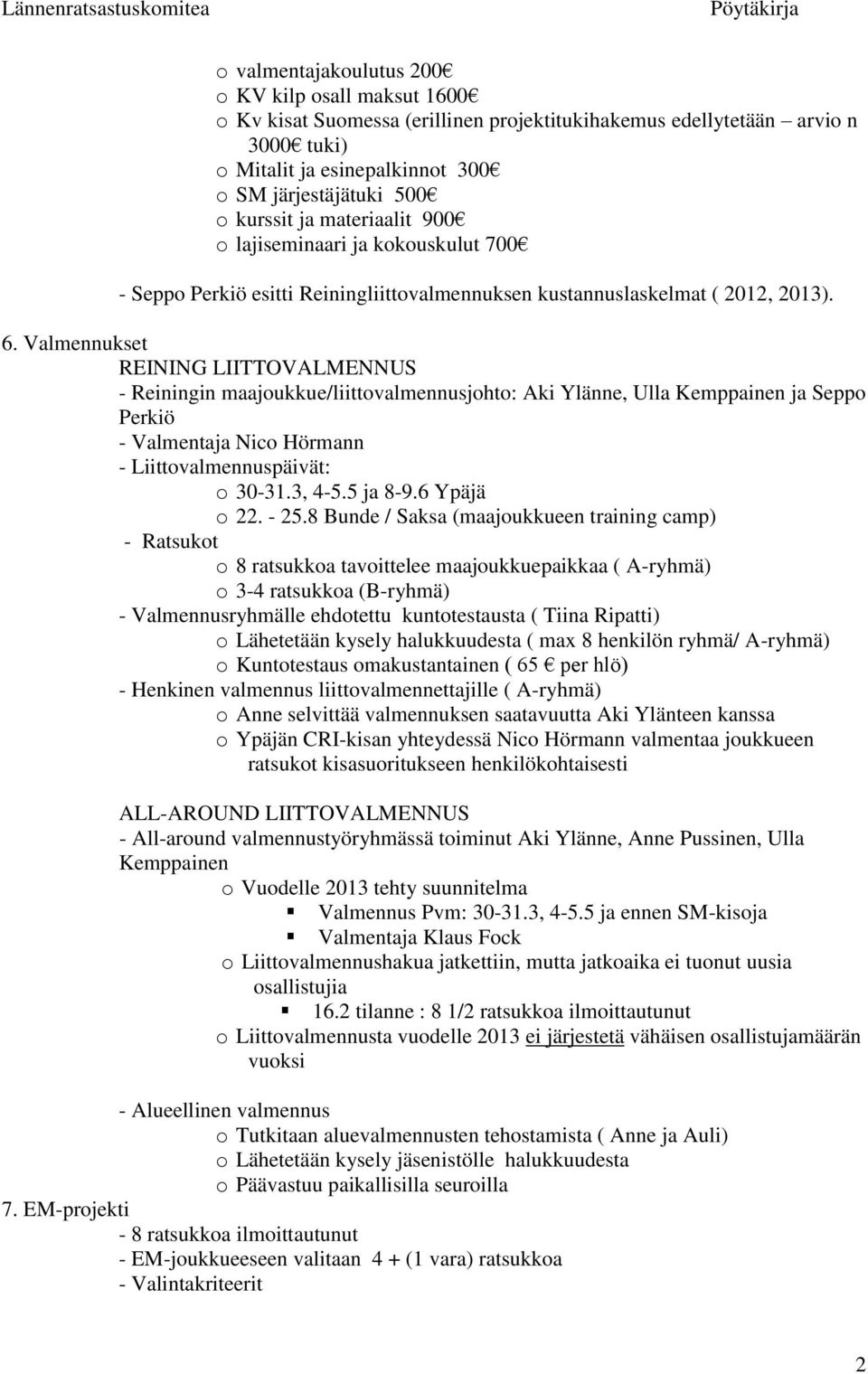 Valmennukset REINING LIITTOVALMENNUS - Reiningin maajoukkue/liittovalmennusjohto: Aki Ylänne, Ulla Kemppainen ja Seppo Perkiö - Valmentaja Nico Hörmann - Liittovalmennuspäivät: o 30-31.3, 4-5.