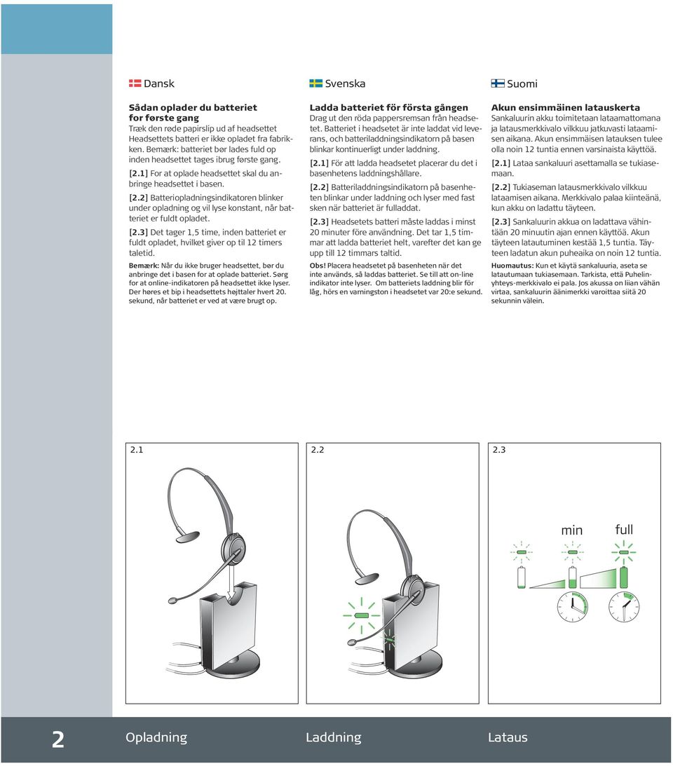 [2.3] Det tager 1,5 time, inden batteriet er fuldt opladet, hvilket giver op til 12 timers taletid. Bemærk: Når du ikke bruger headsettet, bør du anbringe det i basen for at oplade batteriet.