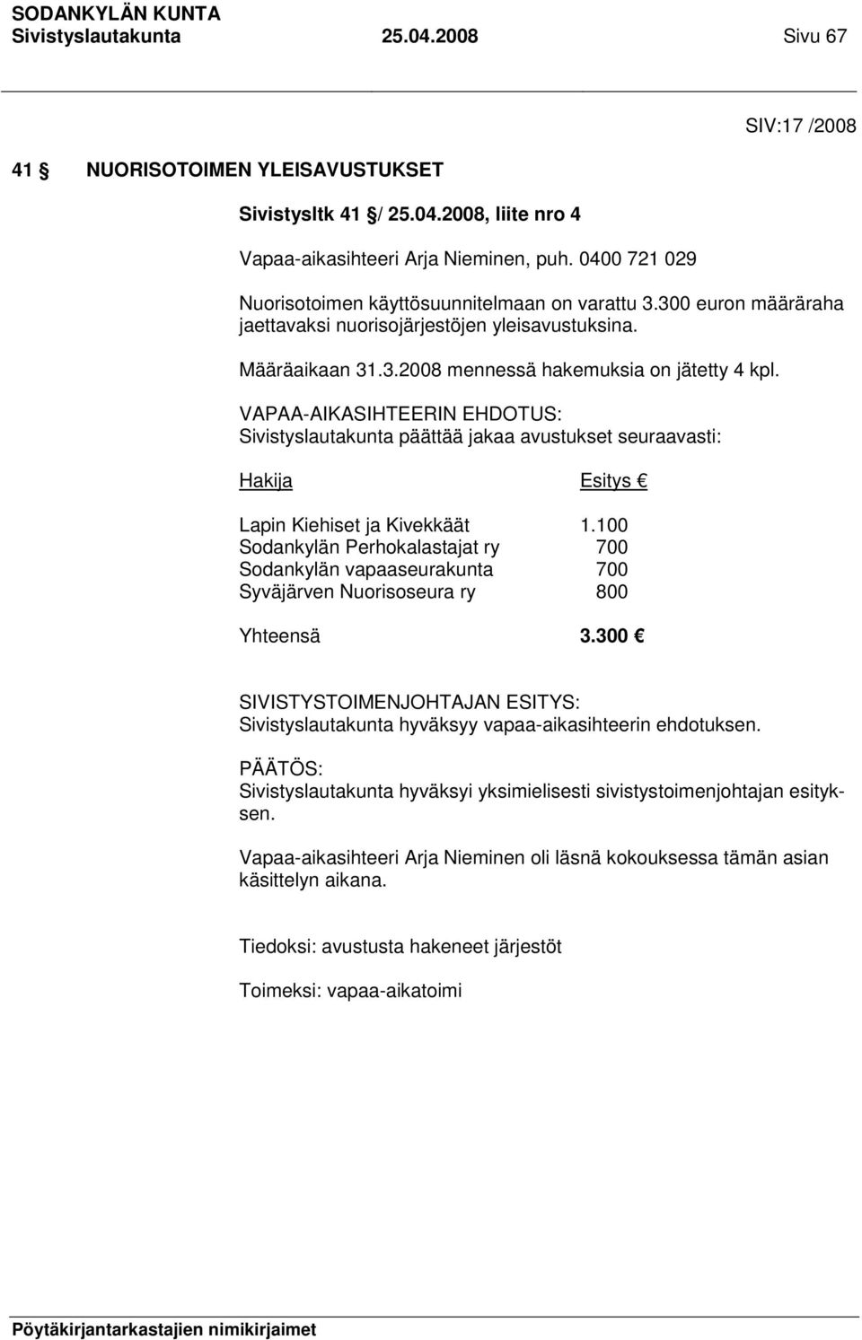 VAPAA-AIKASIHTEERIN EHDOTUS: Sivistyslautakunta päättää jakaa avustukset seuraavasti: Hakija Esitys Lapin Kiehiset ja Kivekkäät 1.