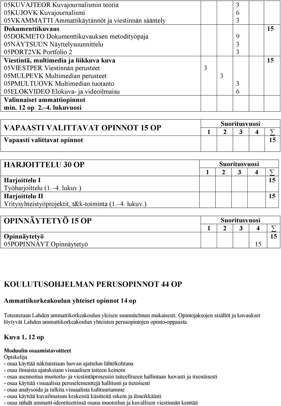 ja videoilmaisu Valinnaiset ammattiopinnot min. 12 op 2. 4.