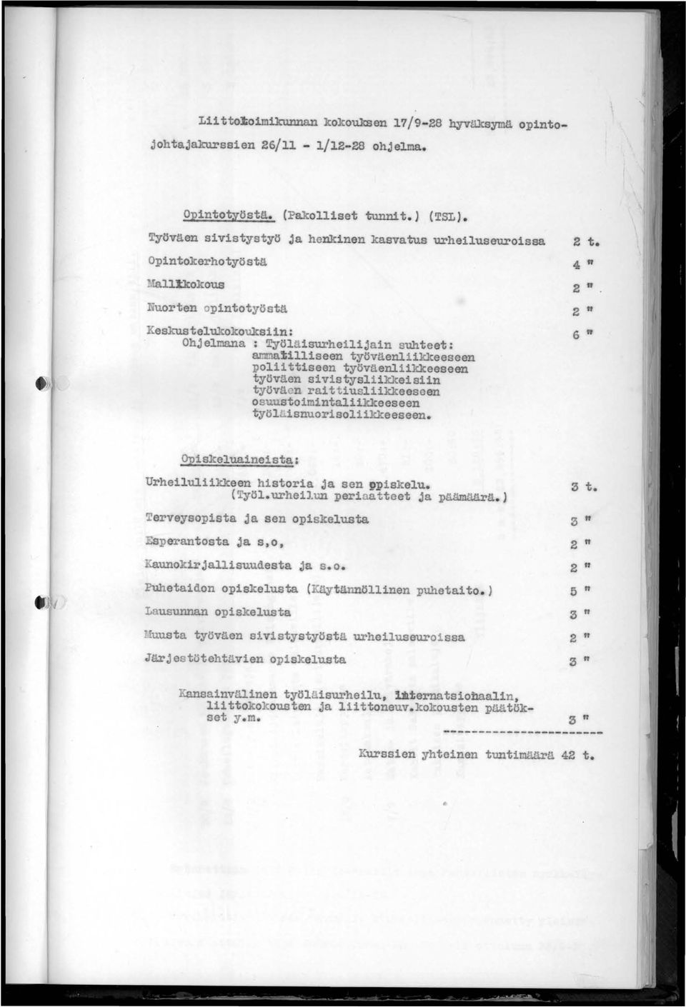 lltkokous 2 " Nuorten opintotyöstä 2 " Keskustelukoko aiin: 6 " Ohjelmana: Työläisurhei11jain suhteet: aornn~illiseen työväenliikkeeseen poliittiseen työväenliikkeeseen työväen sivistysliikkeisiln