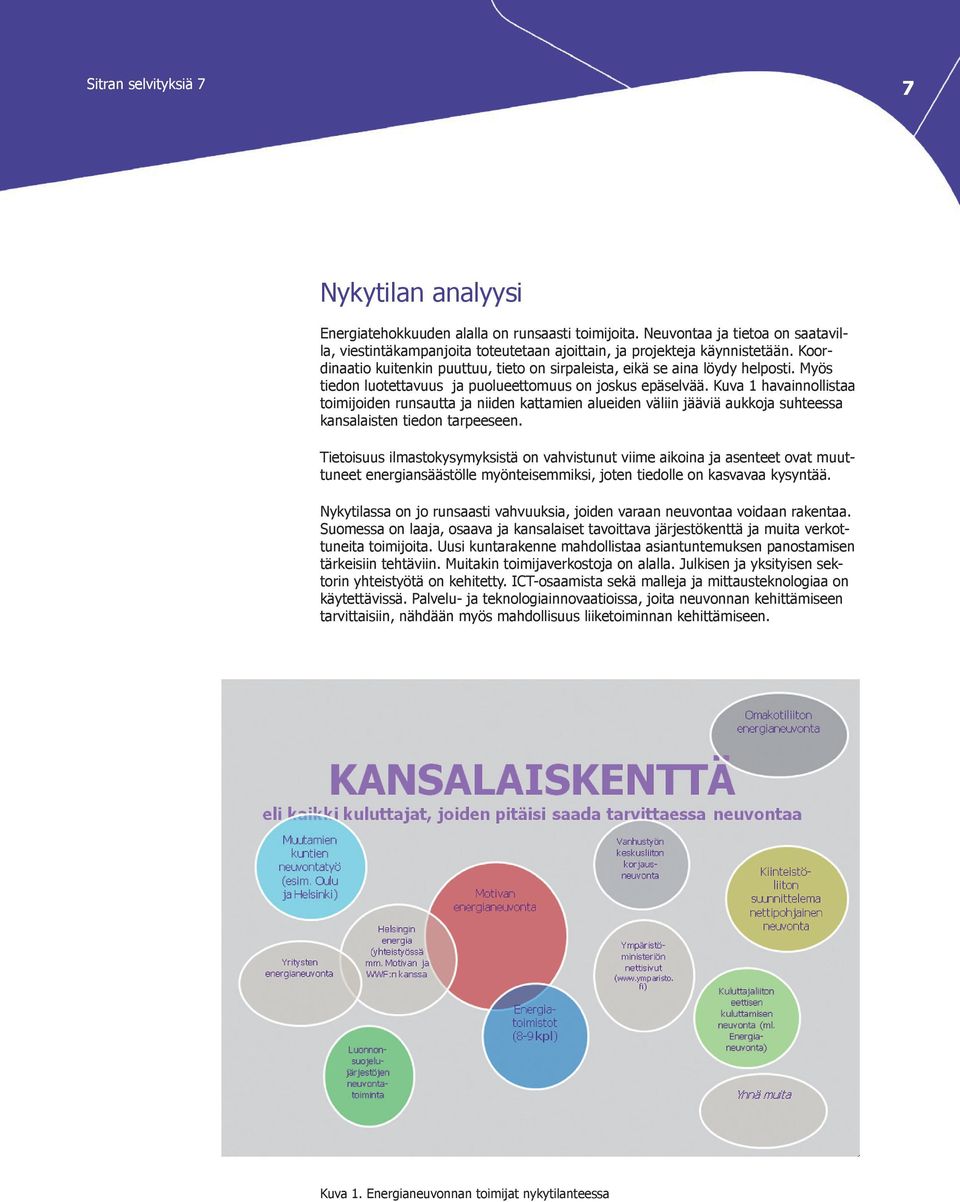 Kuva 1 havainnollistaa toimijoiden runsautta ja niiden kattamien alueiden väliin jääviä aukkoja suhteessa kansalaisten tiedon tarpeeseen.