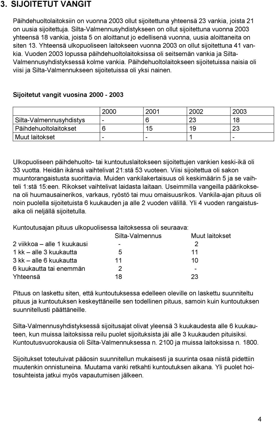 Yhteensä ulkopuoliseen laitokseen vuonna 2003 on ollut sijoitettuna 41 vankia. Vuoden 2003 lopussa päihdehuoltolaitoksissa oli seitsemän vankia ja Silta- Valmennusyhdistyksessä kolme vankia.