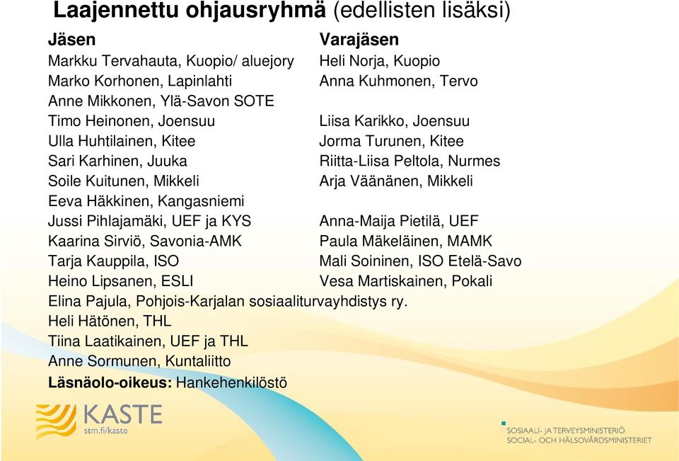 Häkkinen, Kangasniemi Jussi Pihlajamäki, UEF ja KYS Anna-Maija Pietilä, UEF Kaarina Sirviö, Savonia-AMK Paula Mäkeläinen, MAMK Tarja Kauppila, ISO Mali Soininen, ISO Etelä-Savo Heino Lipsanen,