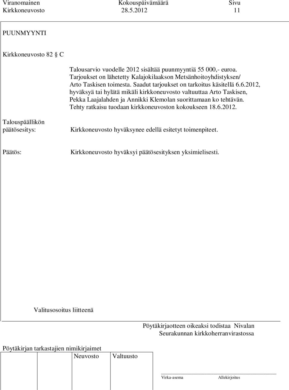 6.2012, hyväksyä tai hylätä mikäli kirkkoneuvosto valtuuttaa Arto Taskisen, Pekka Laajalahden ja Annikki Klemolan suorittamaan ko tehtävän.