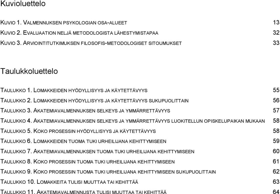 LOMAKKEIDEN HYÖDYLLISYYS JA KÄYTETTÄVYYS SUKUPUOLITTAIN 56 TAULUKKO 3. AKATEMIAVALMENNUKSEN SELKEYS JA YMMÄRRETTÄVYYS 57 TAULUKKO 4.