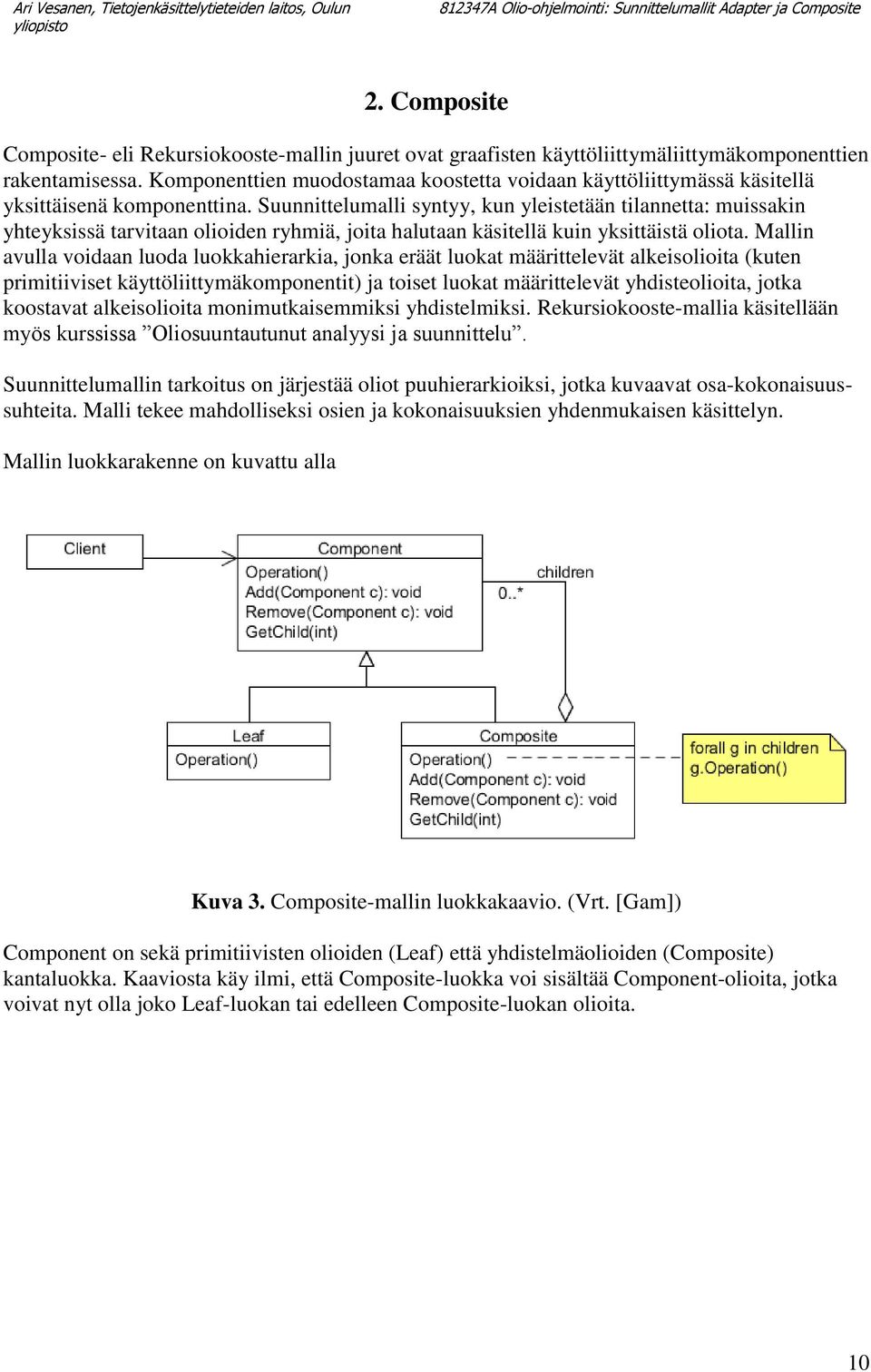 Suunnittelumalli syntyy, kun yleistetään tilannetta: muissakin yhteyksissä tarvitaan olioiden ryhmiä, joita halutaan käsitellä kuin yksittäistä oliota.