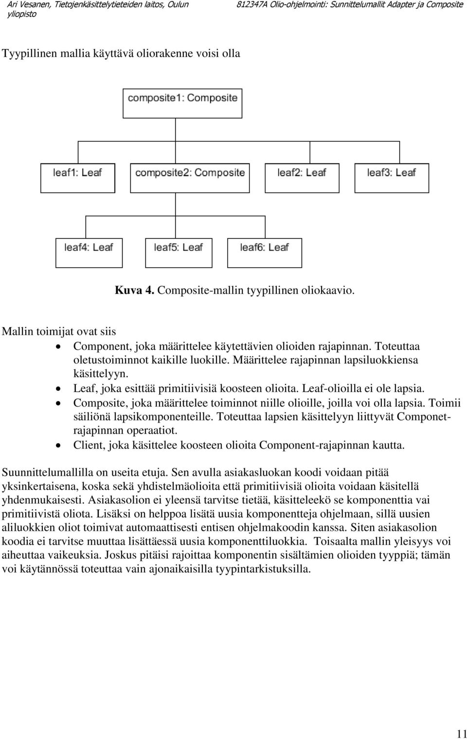 Composite, joka määrittelee toiminnot niille olioille, joilla voi olla lapsia. Toimii säiliönä lapsikomponenteille. Toteuttaa lapsien käsittelyyn liittyvät Componetrajapinnan operaatiot.