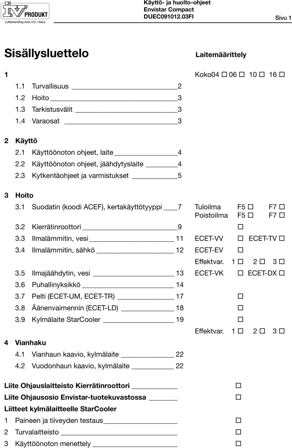 3 Ilmalämmitin, vesi 11 ECET-VV ECET-TV 3.4 Ilmalämmitin, sähkö 12 ECET-EV Effektvar. 1 2 3 3.5 Ilmajäähdytin, vesi 13 ECET-VK ECET-DX 3.6 Puhallinyksikkö 14 3.7 Pelti (ECET-UM, ECET-TR) 17 3.