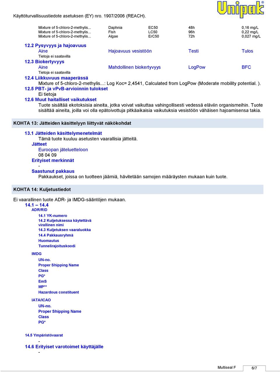 ..: Log Koc= 2,4541, Calculated from LogPow (Moderate mobility potential. ). 12.5 PBT ja vpvbarvioinnin tulokset 12.