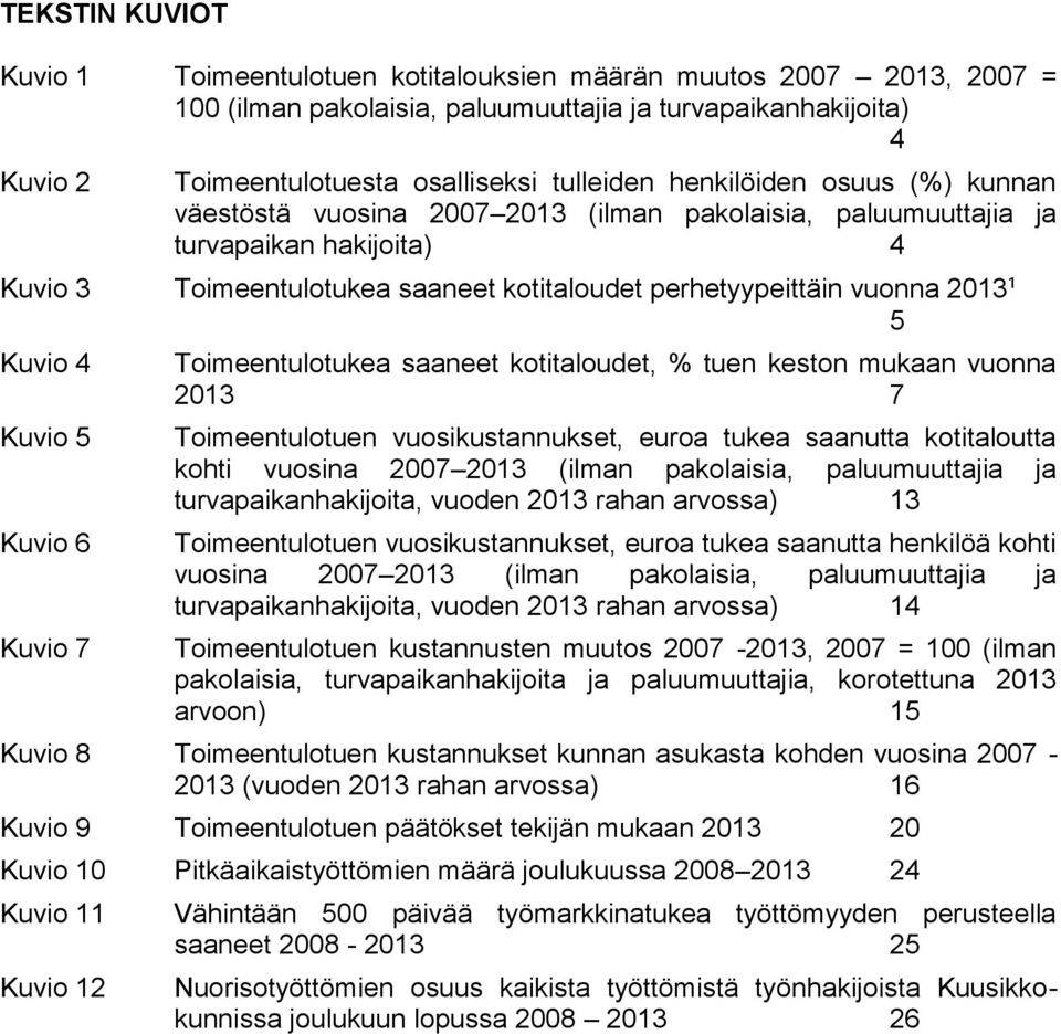 Kuvio 4 Kuvio 5 Kuvio 6 Kuvio 7 Toimeentulotukea saaneet kotitaloudet, % tuen keston mukaan vuonna 2013 7 Toimeentulotuen vuosikustannukset, euroa tukea saanutta kotitaloutta kohti vuosina 2007 2013