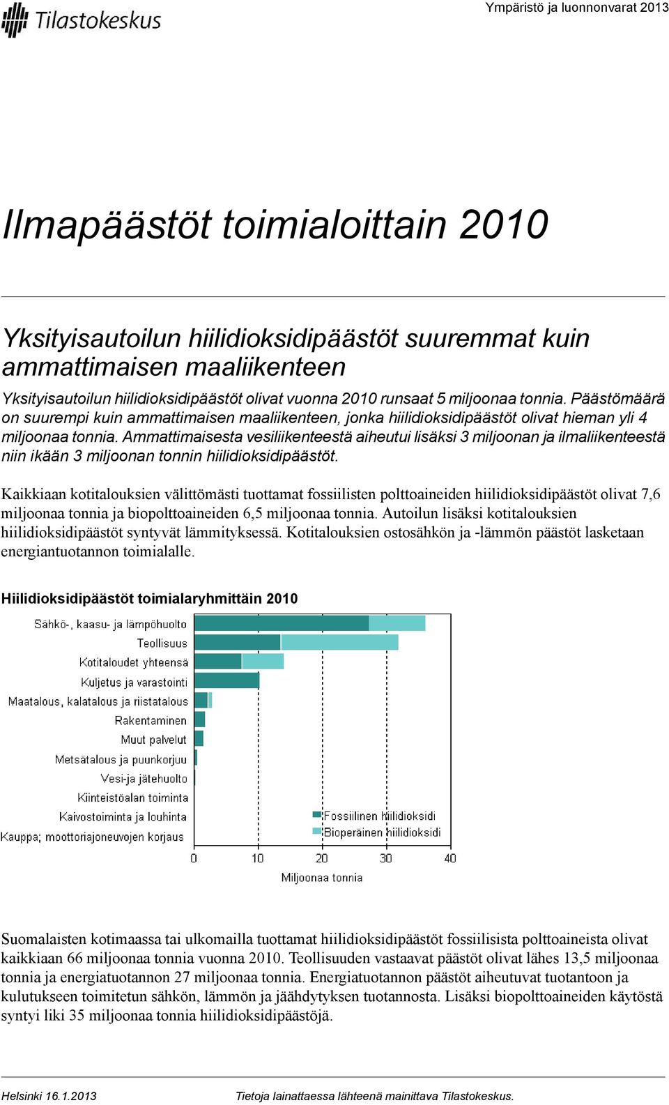 Ammattimaisesta vesiliikenteestä aiheutui lisäksi 3 miljoonan ja ilmaliikenteestä niin ikään 3 miljoonan tonnin hiilidioksidi.