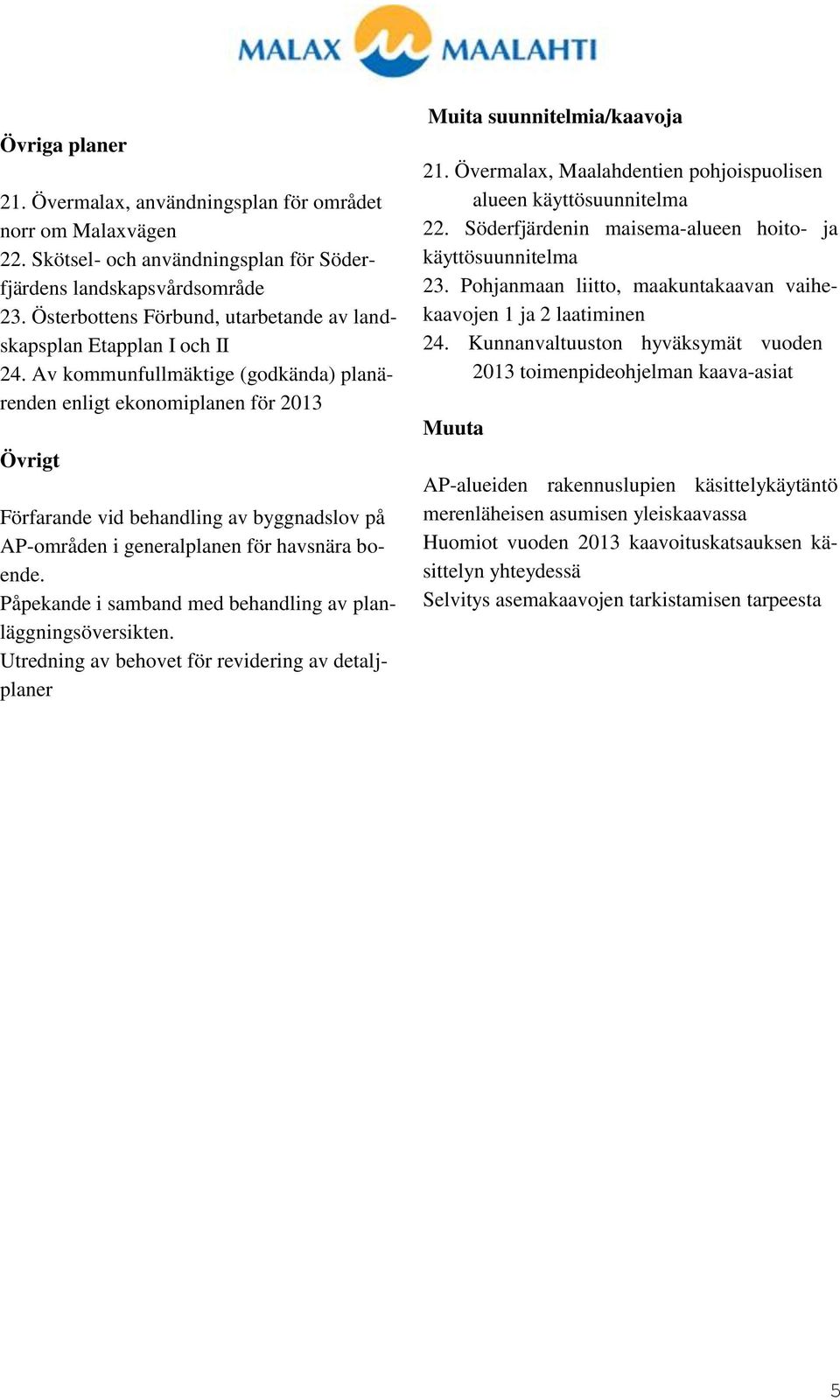 Av kommunfullmäktige (godkända) planärenden enligt ekonomiplanen för 2013 Övrigt Förfarande vid behandling av byggnadslov på AP-områden i generalplanen för havsnära boende.