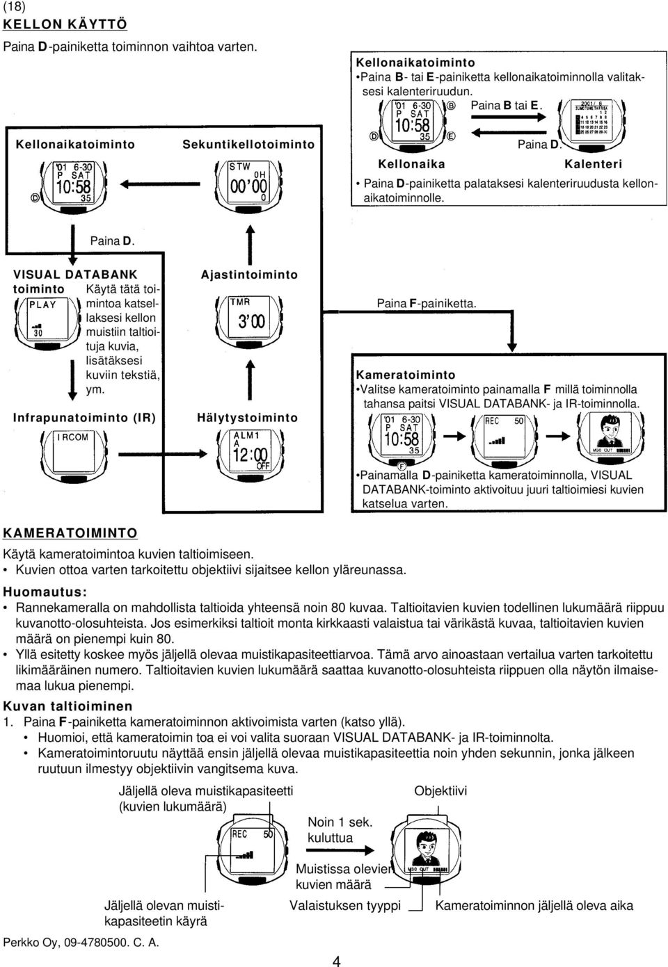 Infrapunatoiminto (IR) Ajastintoiminto Hälytystoiminto Paina F-painiketta. Kameratoiminto Valitse kameratoiminto painamalla F millä toiminnolla tahansa paitsi VISUAL DATABANK- ja IR-toiminnolla.