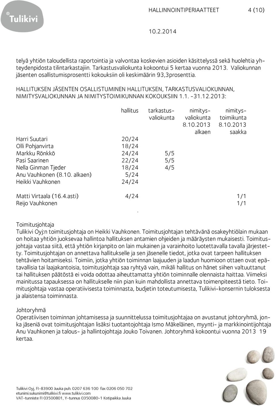 HALLITUKSEN JÄSENTEN OSALLISTUMINEN HALLITUKSEN, TARKASTUSVALIOKUNNAN, NIMITYSVALIOKUNNAN JA NIMITYSTOIMIKUNNAN KOKOUKSIIN 1.1. -31.12.