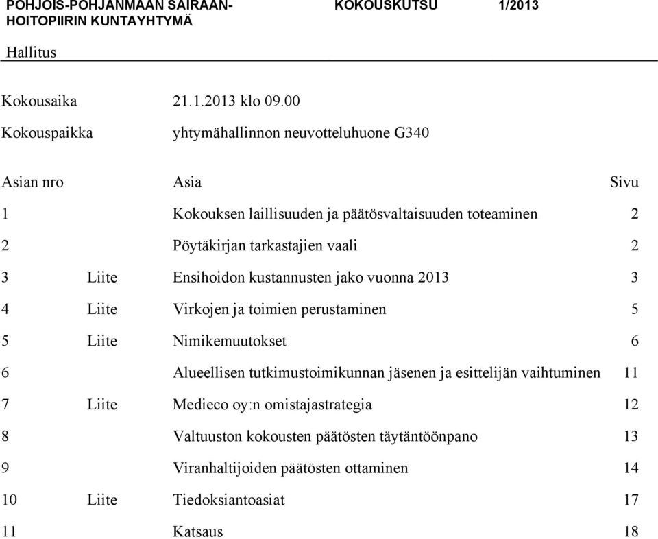 vaali 2 3 Liite Ensihoidon kustannusten jako vuonna 2013 3 4 Liite Virkojen ja toimien perustaminen 5 5 Liite Nimikemuutokset 6 6 Alueellisen