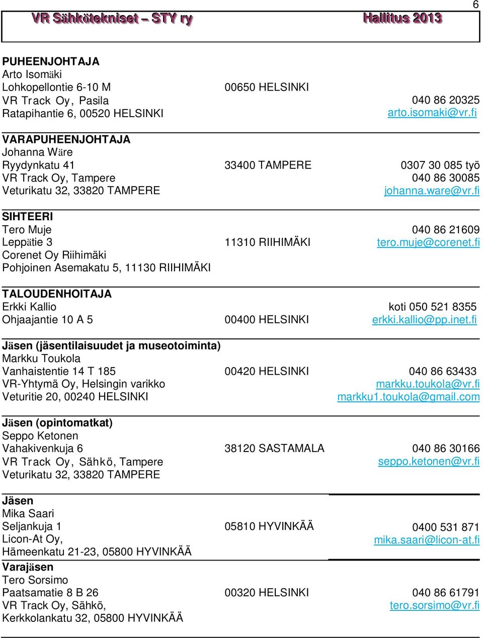 fi SIHTEERI Tero Muje Leppätie 3 Corenet Oy Riihimäki Pohjoinen Asemakatu 5, 11130 RIIHIMÄKI TALOUDENHOITAJA Erkki Kallio Ohjaajantie 10 A 5 11310 RIIHIMÄKI 00400 HELSINKI 040 86 21609 tero.