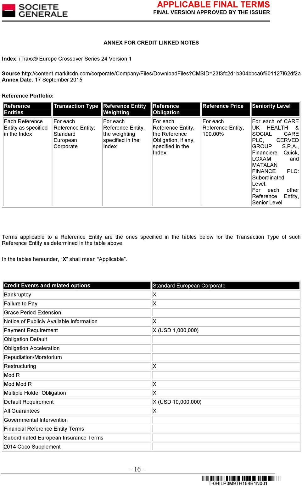 Level Each Reference Entity as specified in the Index For each Reference Entity: Standard European Corporate For each Reference Entity, the weighting specified in the Index For each Reference Entity,