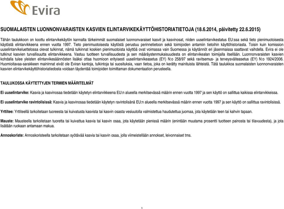 2015) Tähän taulukkoon on koottu elintarvikekäytön kannalta tärkeimmät suomalaiset luonnonvaraiset kasvit ja kasvinosat, niiden uuselintarvikestatus EU:ssa sekä tieto pienimuotoisesta käytöstä